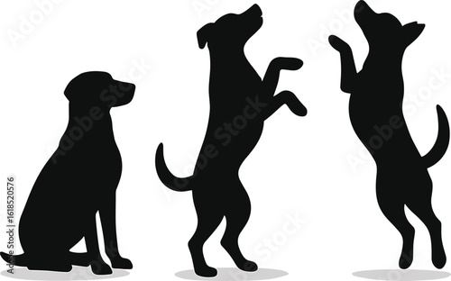 Three dog silhouettes showing jumping, sitting, standing posture, obedience training concept, pet behavior illustration, black and white vector design