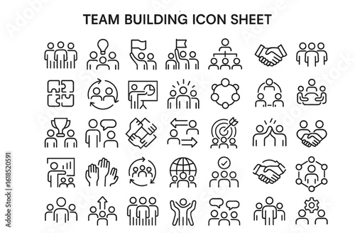 Team Building Icon Sheet: A collection of meticulously crafted icons, each representing an essential aspect of teamwork and cooperation. Perfect for enhancing presentations, websites.