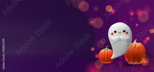 A cute 3D ghost with rosy cheeks floats beside two glowing pumpkins on a vibrant purple background. The playful Halloween scene is enhanced. Banners, invitations, and seasonal designs.