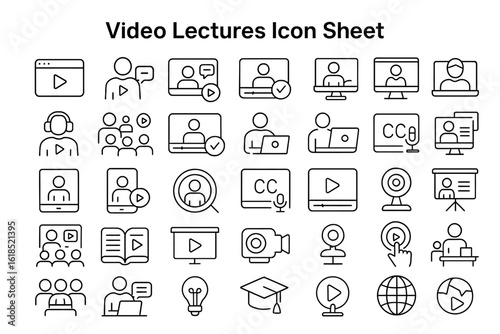 Video Lectures Icon Sheet: A detailed, clean, and modern set of icons specifically tailored for video lectures.