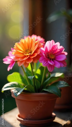 Close-up of vibrant flowers blossoming in a terracotta flowerpot, sunlight illuminating petals Perfect for gardening, spring, nature, and home decor themes , orange, beauty
