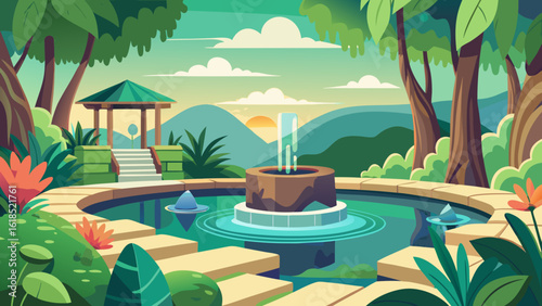 Vector art of a picturesque garden at sunset, featuring a pond with a fountain and a gazebo overlooking rolling hills
