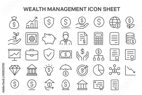 Wealth Management Icon Sheet: A comprehensive array of meticulously crafted icons representing various aspects of wealth management. This set is perfect for visualizing financial concepts, strategies.