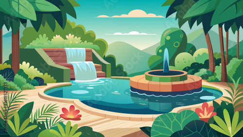 Vector art of a serene garden scene with a central fountain and a cascading waterfall into a tranquil pond