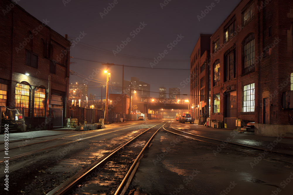 Fototapeta premium Industrial urban street city night scene with vintage factory warehouses and train tracks