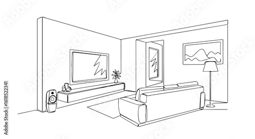 Line drawing of living room interior with furniture, minimalist line drawing for modern house interior, featuring a comfortable sofa, television, and lamp. Line drawing shows bright,
