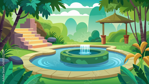 Vector art of a tranquil garden setting with a central fountain, stone pathways, and a gazebo, surrounded by lush greenery and rolling hills