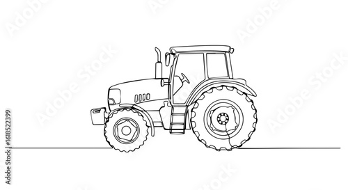 Tractor line drawing on white backdrop. Tractor line drawing features detailed wheels and cab, showcasing agriculture equipment. Use this simple tractor line drawing for presentations, logos,