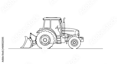One line drawing of tractor with front end loader on white background. Tractor in continuous line drawing style, simple line strokes create shape of agricultural machine.