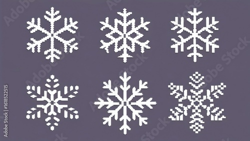 Six white pixelated snowflakes arranged in two rows on a muted purple background