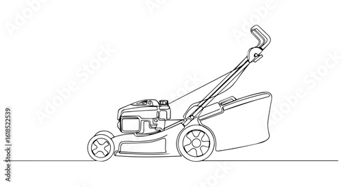 Lawn mower stands ready, its outline defined against plain background. Line drawing lawn mower, detail showing the wheels, handle, and engine of this essential garden tool.