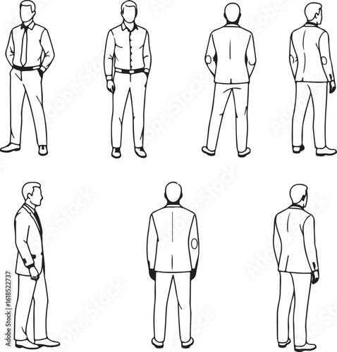 CAD Drawing. Vector illustration of men, women, standing walking talking in front back and side view. Symbol for architecture and landscape design drawing