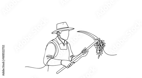 Single line drawing shows farmer holding scythe during harvest. Single line design captures rural scene, depicting traditional agriculture with a hand tool.