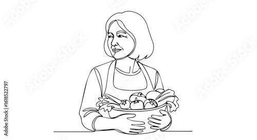 Continuous line drawing of a woman holding a bowl of vegetables, highlighting healthy eating. Continuous line drawing shows produce, illustrating healthy eating and dietary choices.