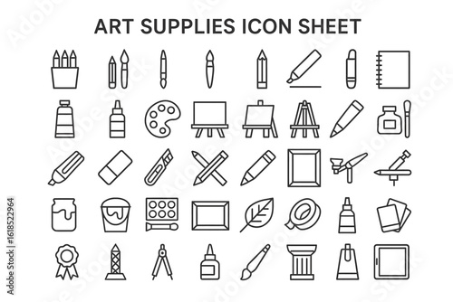 Art Supplies Icon Sheet: An organized and detailed sheet of minimalist icon art supplies, presenting a comprehensive set of tools for artistic creation and graphic design.