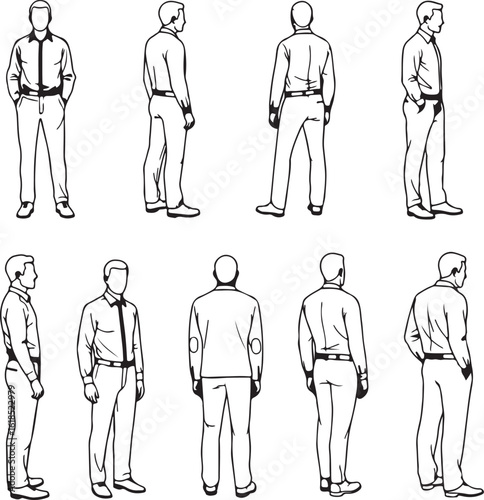 CAD Drawing. Vector illustration of men, women, standing walking talking in front back and side view. Symbol for architecture and landscape design drawing