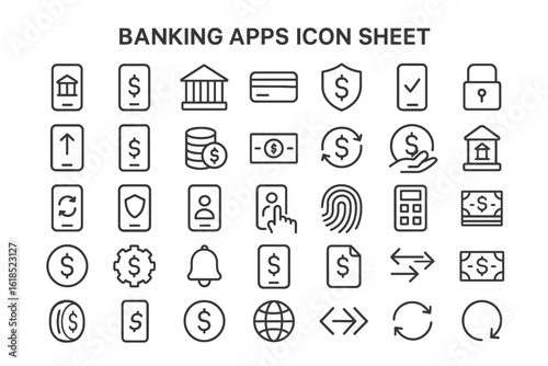 Banking Apps Icon Sheet: An organized assortment of precisely crafted, monochromatic icons tailored for banking applications. The collection is a blend of simplicity and precision.