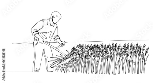 Line art of a farmer harvesting wheat with a scythe in field. Harvesting wheat in minimalist drawing shows traditional methods, man working hard on farm.