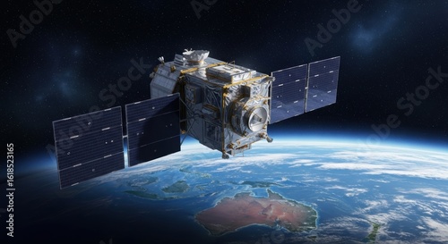 A satellite orbits the earth, showcasing australia below