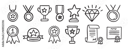 medal honor award related doodle hand drawn icon set. Outline drawing winner line clipart symbol collection