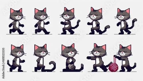 Pixel art grey cat character sprite sheet with various poses and activities