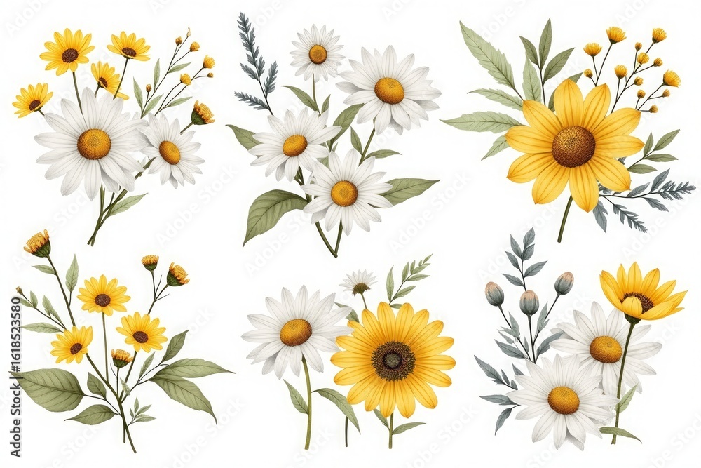 Fototapeta premium Watercolor floral arrangements featuring daisies and sunflowers with greenery
