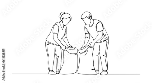 Picking up trash portrayed through simple line drawing, featuring two people bent over collecting garbage in bags. Picking up trash shows community involvement and responsibility.