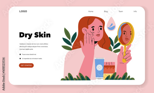 Woman Examining Dry Skin with Mirror Vector Illustration