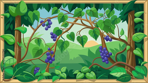 Vector art of a decorative frame of lush green grapevine branches with clusters of ripe purple grapes, set against a soft green background