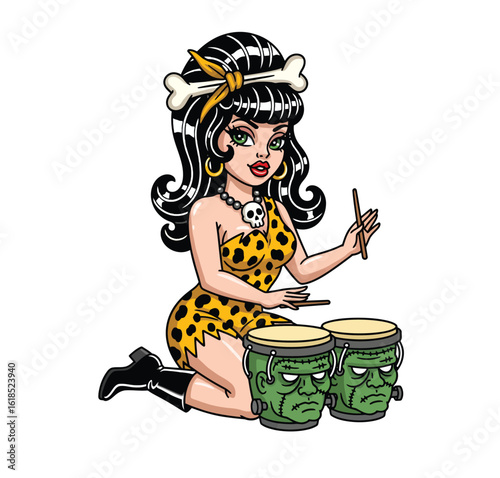 Cartoon Cavewoman in Leopard Print Playing Bongos Vector Art