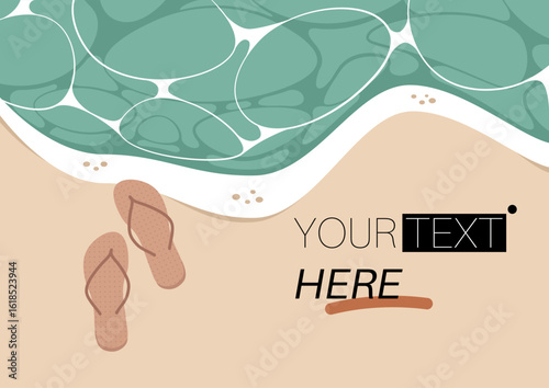A bright, sunlit beach reveals soft sand and gentle waves lapping at the shore. Beige flip flops rest near the water's edge, inviting carefree summer fun.
