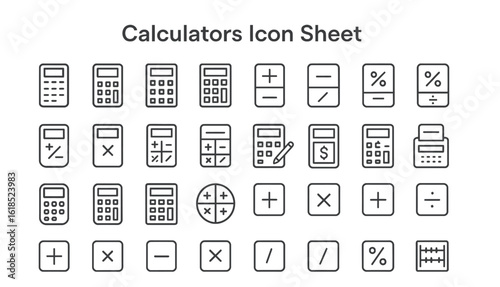Calculator Icon Sheet: A comprehensive icon sheet featuring a variety of calculator symbols, perfect for illustrating concepts related to math, finance, and computation.