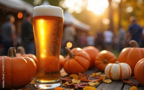 Celebrating international beer day at a festive autumn festival with pumpkins and friends in a lively outdoor setting. High quality