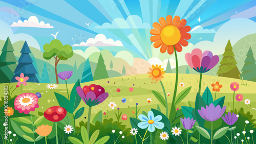 Vector art of a vibrant spring meadow filled with colorful blooming flowers and green trees under a bright blue sky