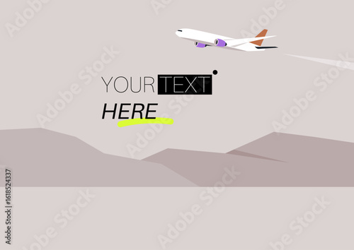 A sleek airplane soars through a pale sky, surrounded by abstract mountains, symbolizing adventure and exploration in transportation