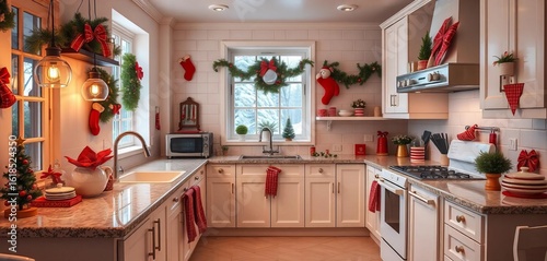 Bright modern kitchen, vintage-style Christmas decor Gleaming appliances, festive touches,  countertop,   room