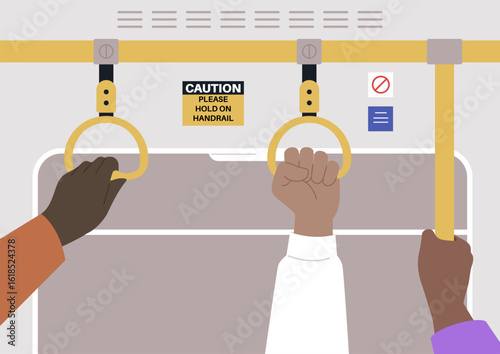 Three different hands securely hold onto handrails within a public transportation vehicle, emphasizing community and the importance of safety while traveling during peak hours