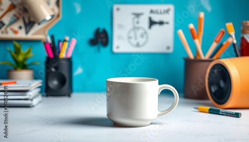 Clean white ceramic mug on artist's desk mockup, clean, white background