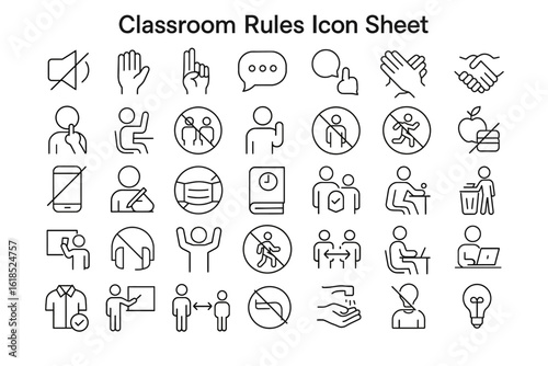 Classroom Rules Icon Sheet: A comprehensive icon sheet displaying essential classroom rules, promoting order, respect, and effective learning.
