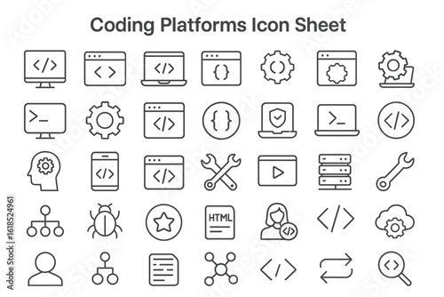 Coding Platform Icons: Clean, minimalist icons represent coding platforms and related concepts, featuring a variety of symbols for different development tools and functions.