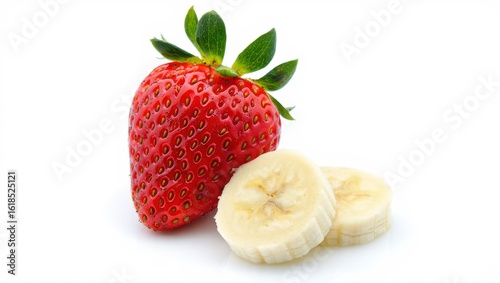 A fresh strawberry with slices of banana isolated on white background