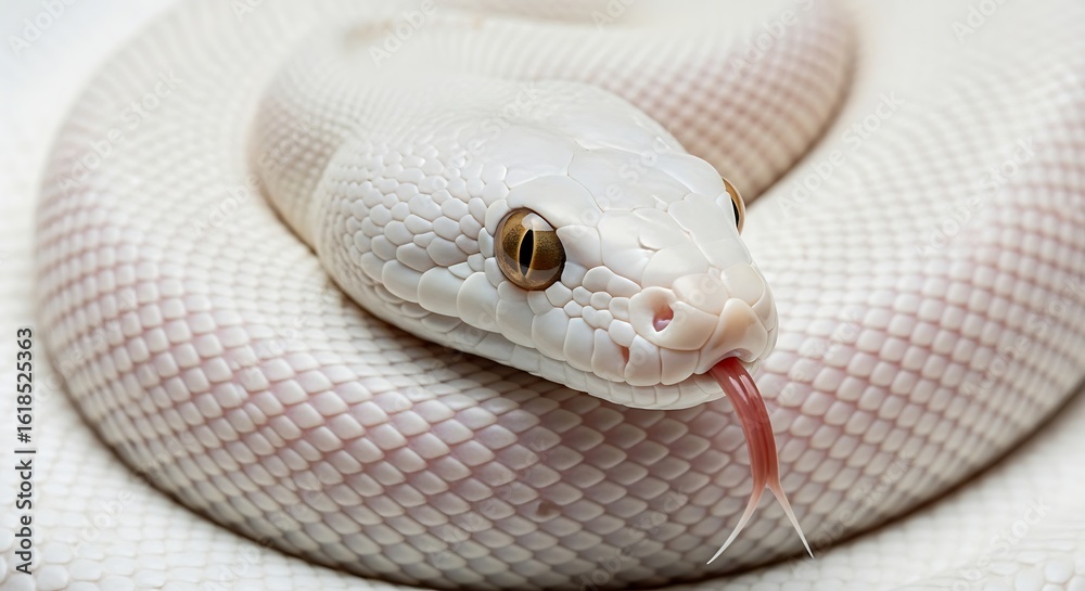 Fototapeta premium Photo of albino royal python with its tongue out isolated on white background