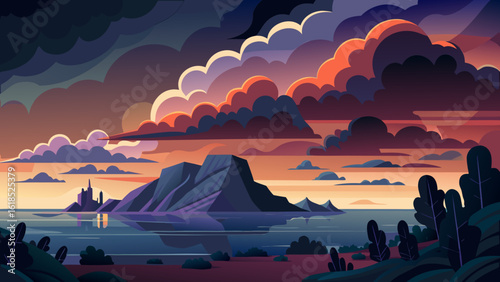 Vector art of dramatic sunset sky with fiery clouds over a serene lake, reflecting a distant castle on a rocky island