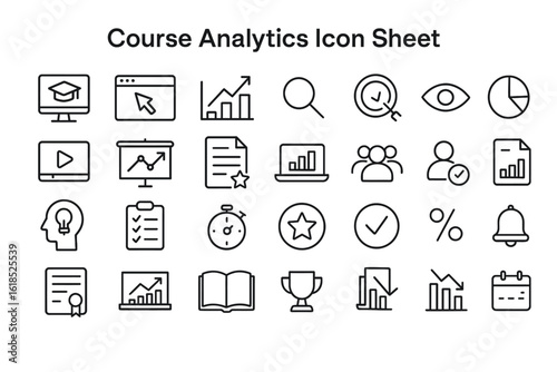 Course Analytics Icons: A set of clean, modern icons representing various aspects of course analytics, perfect for educational or data-driven content. 