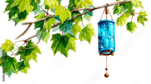 Blue glass wind chime, hanging on the branch of a green maple tree