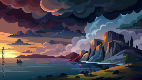 Vector art of dramatic sunset over the ocean with a sailboat approaching rugged cliffs and stormy clouds