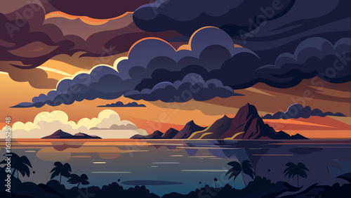 Vector art of dramatic sunset over the ocean with a sailboat approaching rugged cliffs and stormy clouds