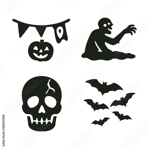 Halloween horror icon set with skull, zombie, bats, and pumpkin.