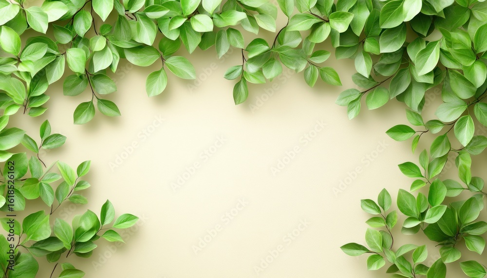 Naklejka premium Green leaves frame a pale yellow background