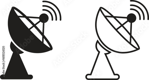 Satellite dish icon set, black vector collection of communication antenna group in flat and line style, radar signal transmitter receiver symbols, wireless broadcast network elements bundle